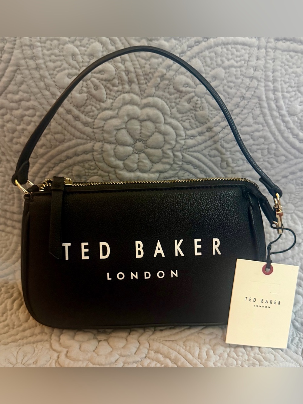 Ted Baker Black Leather Logo Shoulder Bag with White Lettering